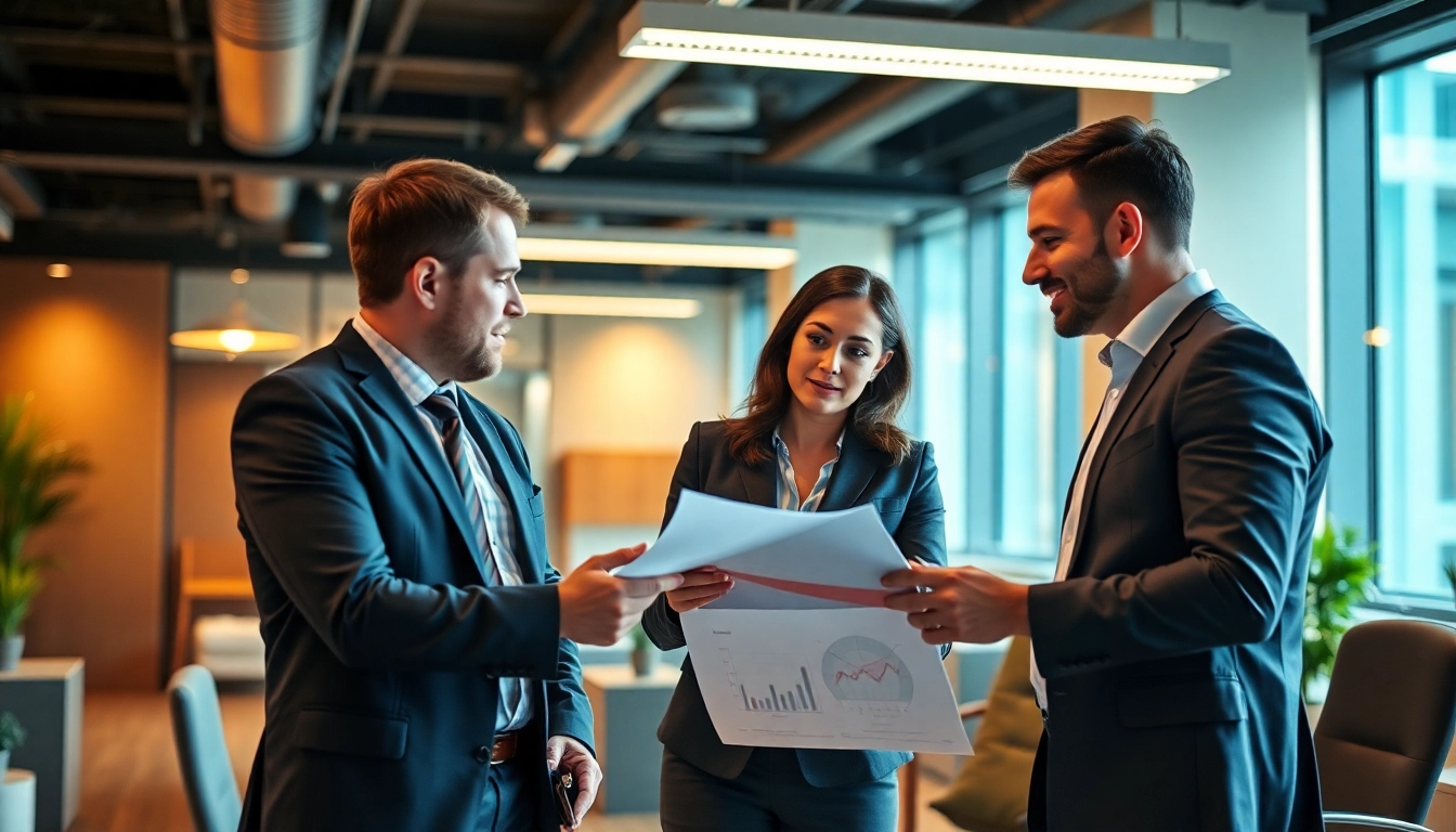 Consultants engaging in Unternehmensberatung discussions in a modern office setting.