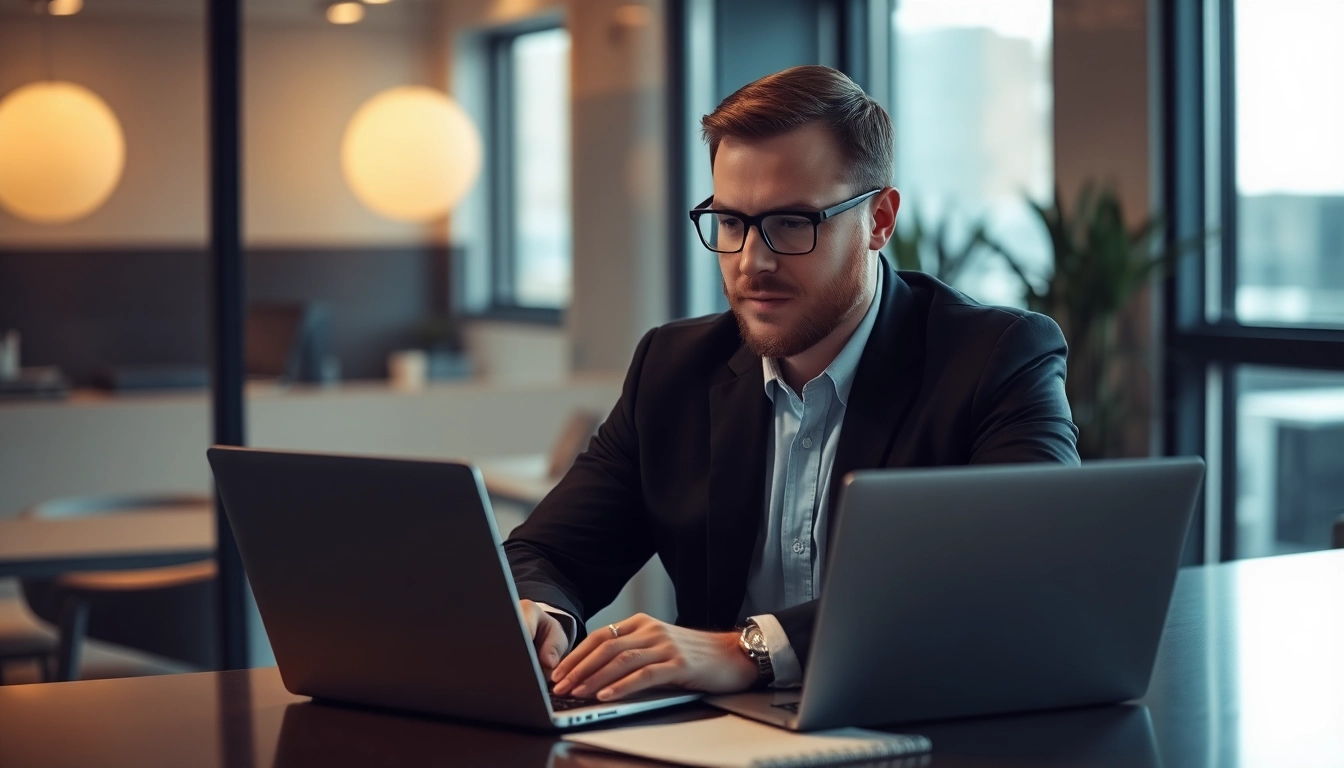 Headhunter analysiert Bewerbungsunterlagen in einem modernen Büro mit Fokus auf professionelle Gestaltung.