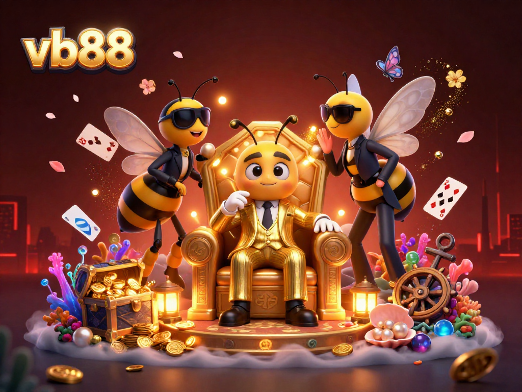 Engage with vb88 in an action-packed 3D illustration featuring a bumblebee mob boss, gold treasure, and lively casino elements.