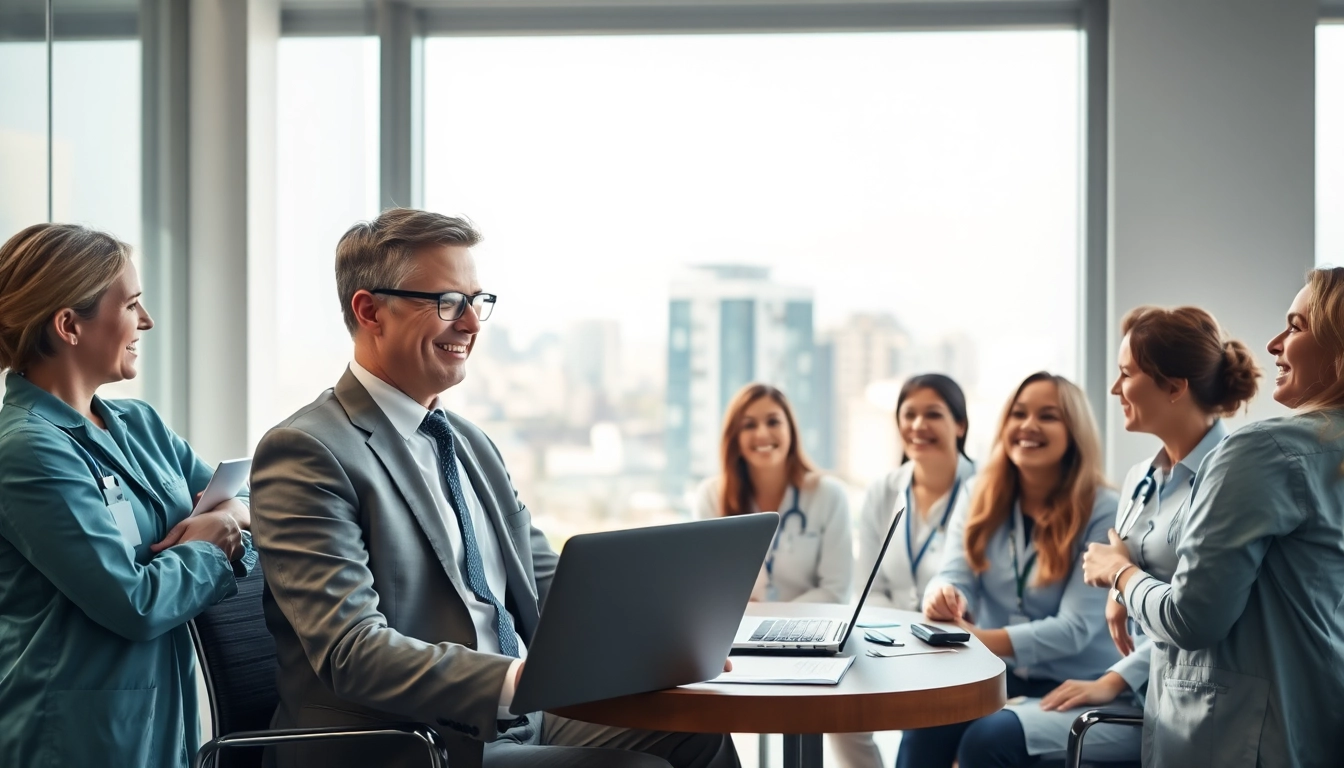Headhunter Pflegekräfte bei der aktiven Rekrutierung qualifizierter Pflegekräfte in einem modernen Büro.