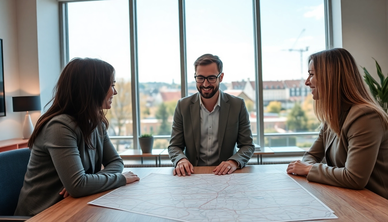 Immobilienmakler Frankfurt Eschersheim berät Kunden in modernem Büro mit Karte im Hintergrund.