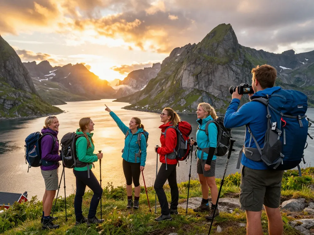 Freunde erkunden die Lofoten-Inseln bei Sonnenuntergang und verkörpern Skandinavien Reisetipps mit lebhaften Landschaften und abenteuerlicher Stimmung.