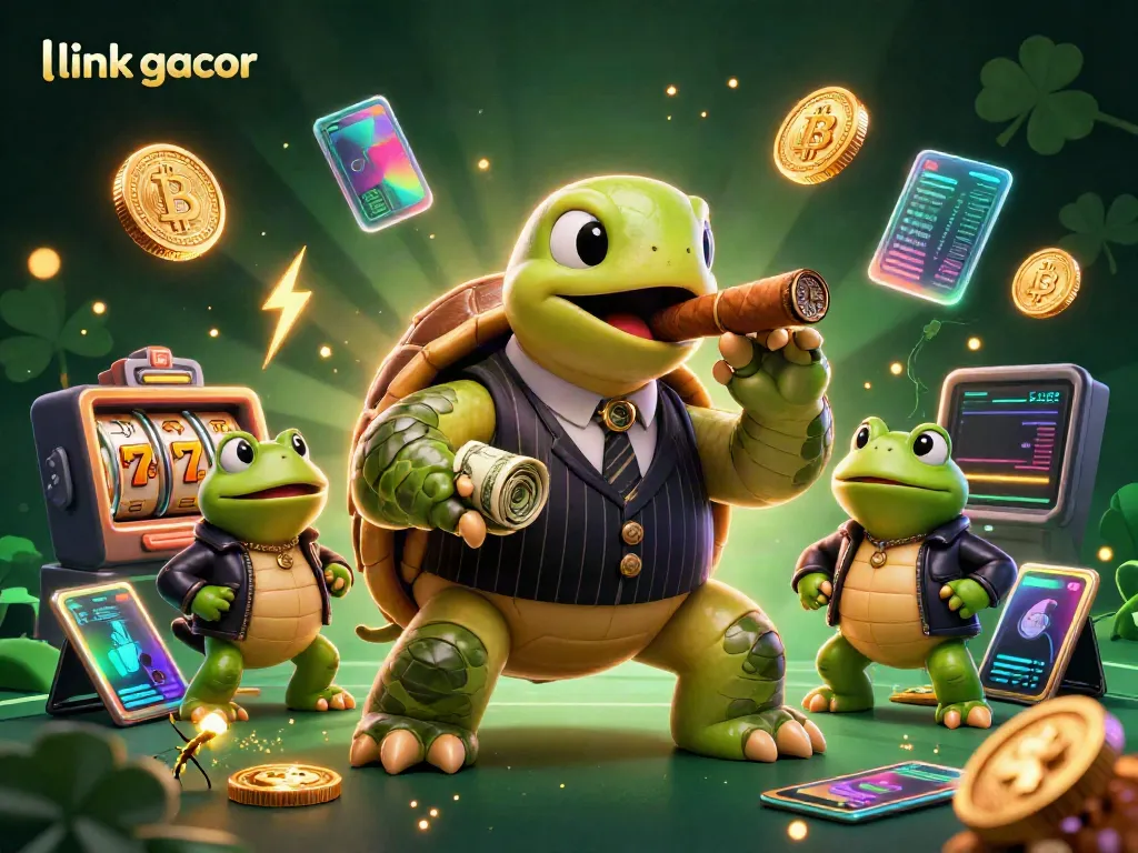Experience thrilling wins with link gacor prominently featured alongside immersive casino elements in this vibrant 3D illustration.