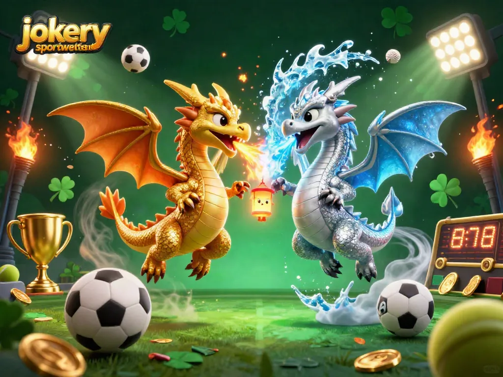 Experience jokery sportwetten with thrilling dragons and dynamic sports elements in a dazzling scene.