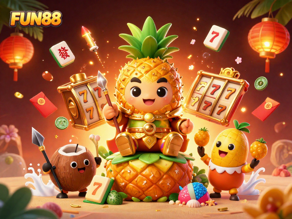 Experience the vibrant FUN88 beach casino with the pineapple king and dynamic game elements.