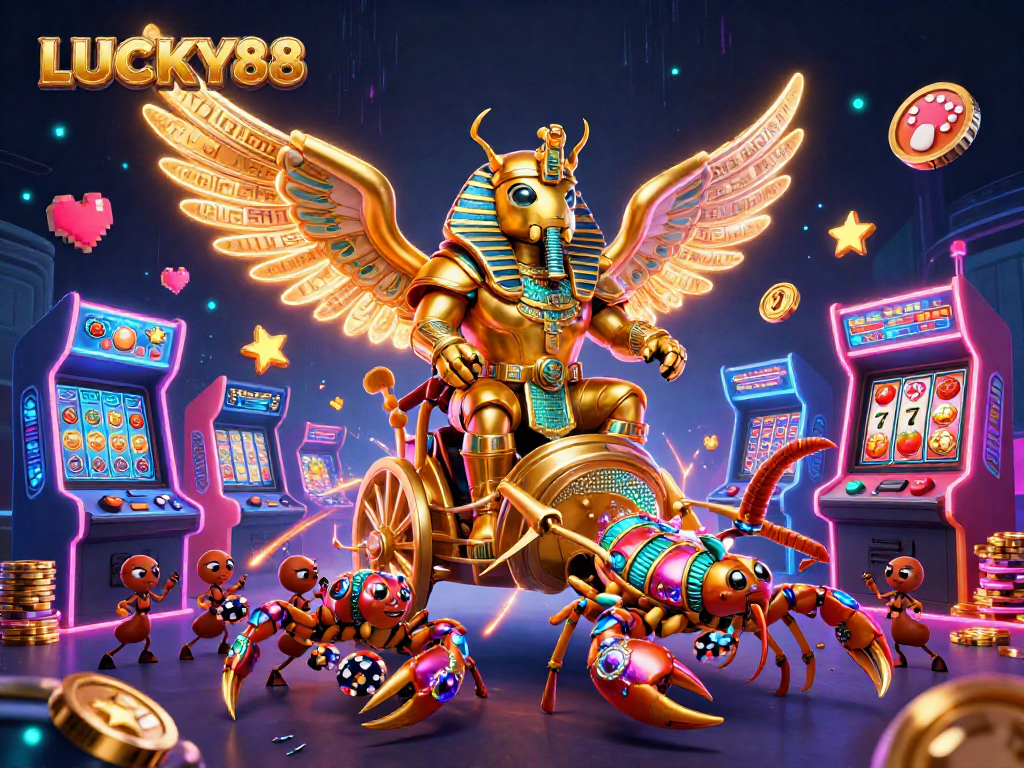 Engage with LUCKY88 visuals showcasing vibrant casino elements and dynamic characters.