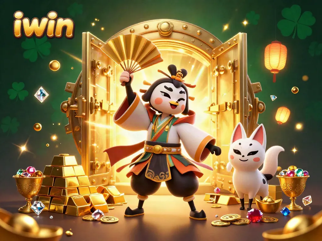 Experience dynamic iwin gaming action with kabuki warriors and treasure in casino-themed illustration.