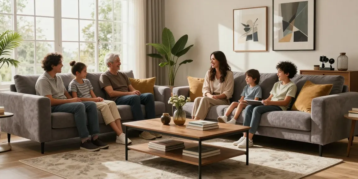 Gemütliches Wohnzimmer mit stilvollem Sofa, das das Wesen eines Online-Möbelshops zeigt.