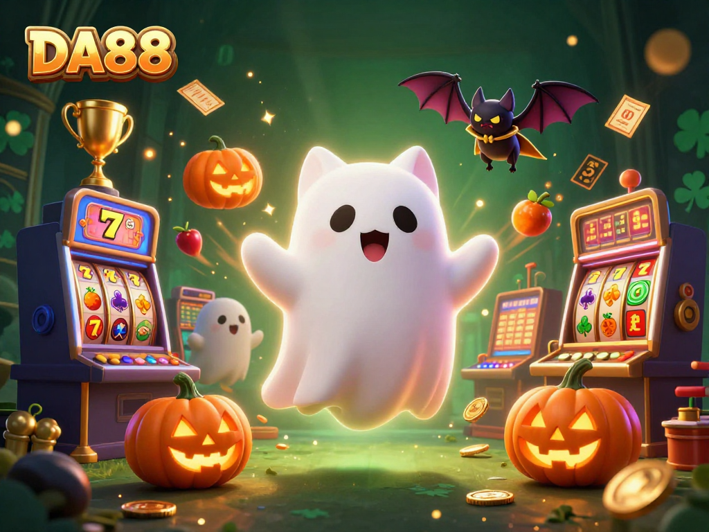 Play with DA88's thrilling ghost cat and dynamic slot elements in a haunted casino scene.