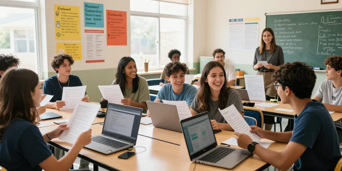 Students engaging in a fun Quiz Allgemeinwissen competition in a vibrant classroom.
