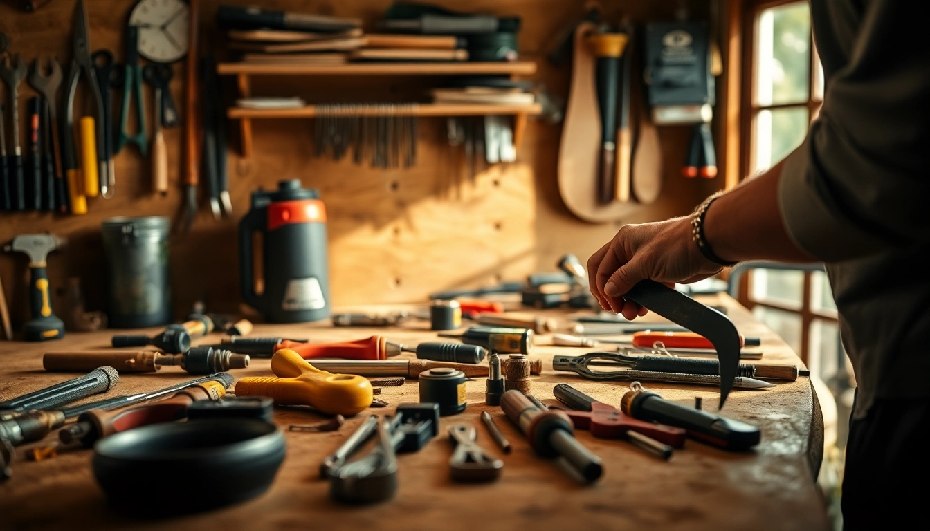 Stanley Werkzeuge tools neatly arranged on a workbench, showcasing craftsmanship and professionalism in a workshop setting.