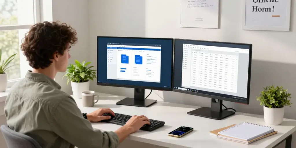 Produktive Arbeitsumgebung mit Office 2024 Home Anwendungen auf mehreren Bildschirmen.