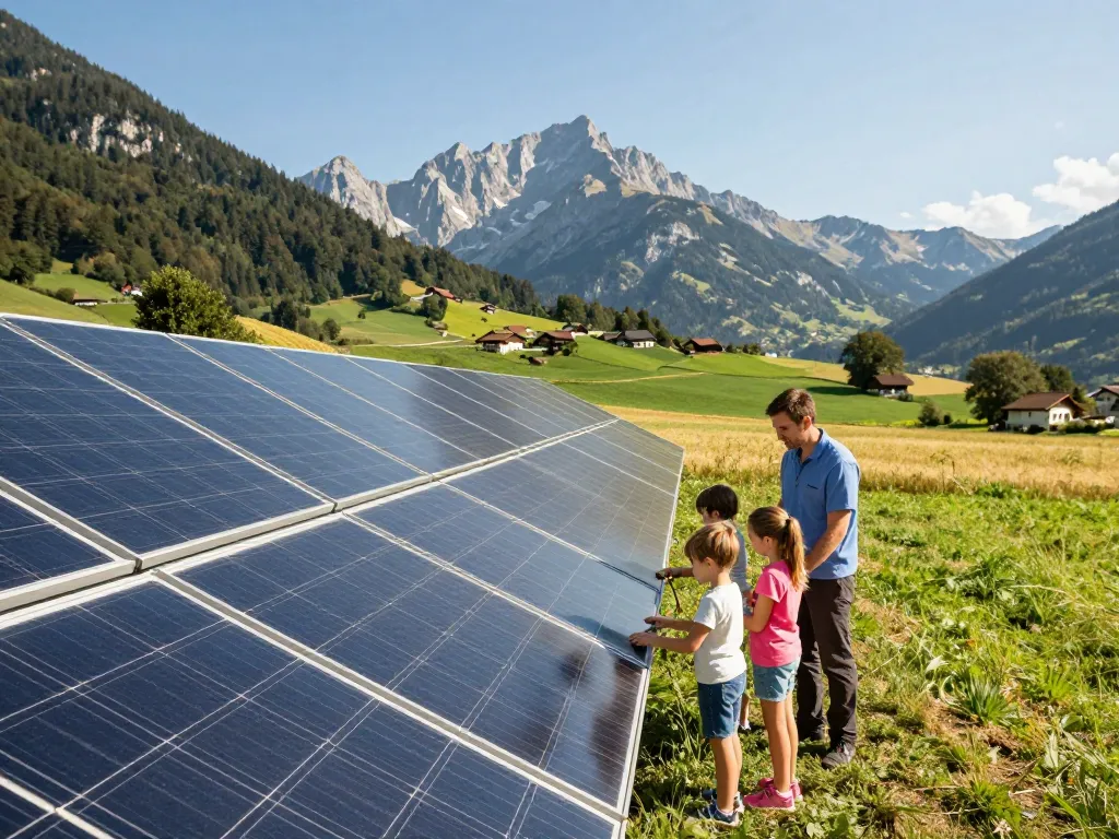 Photovoltaik Bayern Installationsszene mit Familie und Techniker in einer sonnigen bayerischen Landschaft.