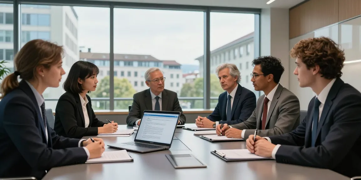 Diese Schweizer Anwaltskanzlei bei einem Teammeeting in einem modernen Büro mit Blick auf Genf.
