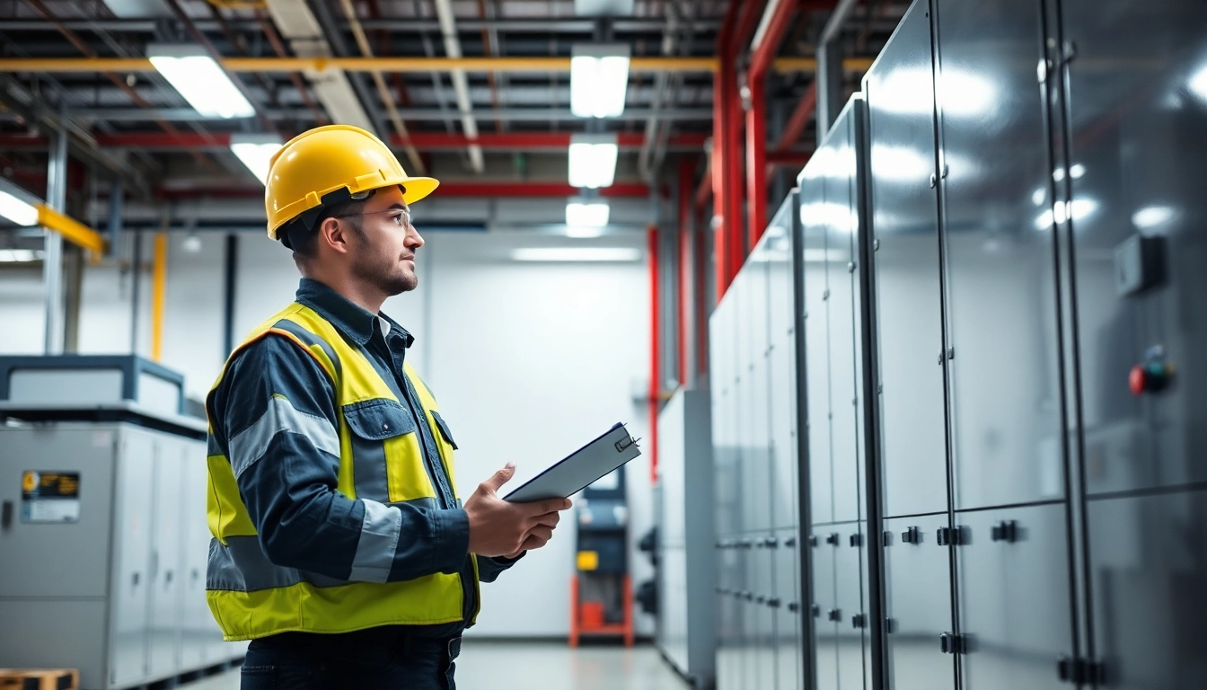 Technician conducting DGUV V3 Prüfung inspection on electrical equipment in a safe industrial environment.