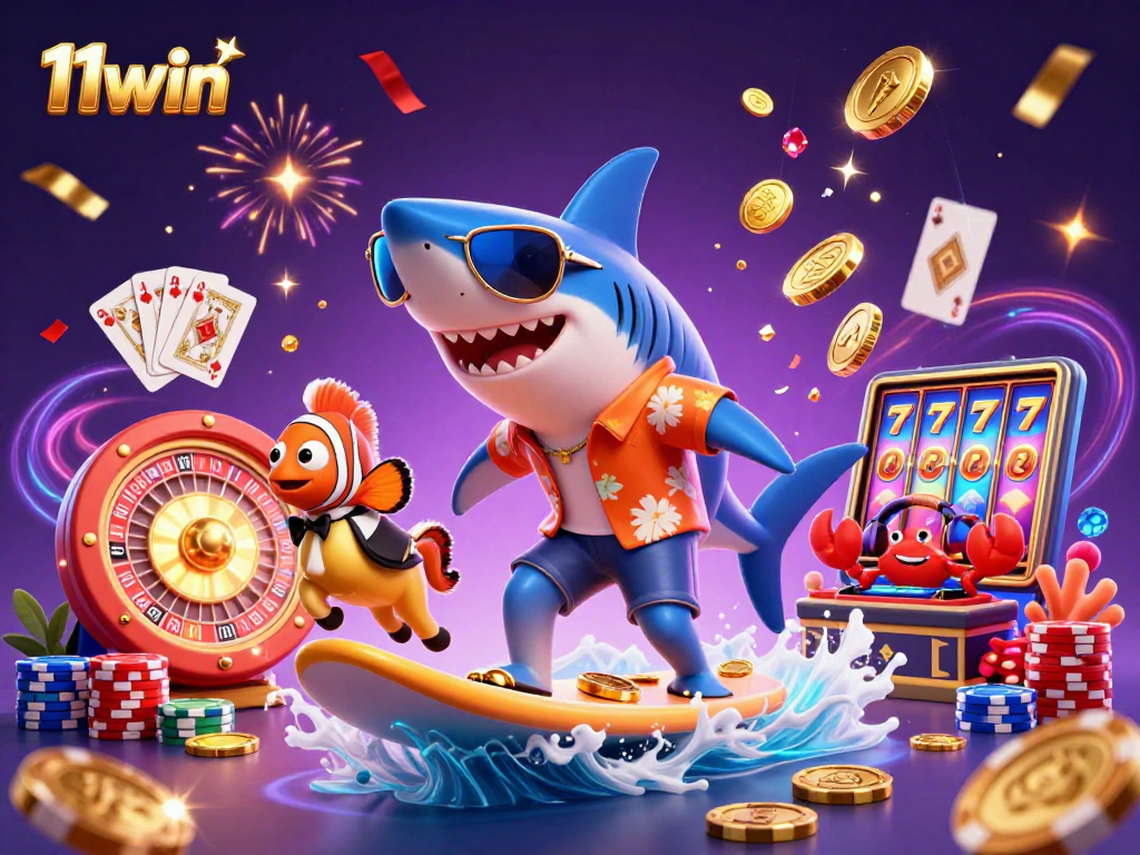 Experience the thrill of 11win as a cartoon shark surfs on gold coins during a vibrant casino celebration.