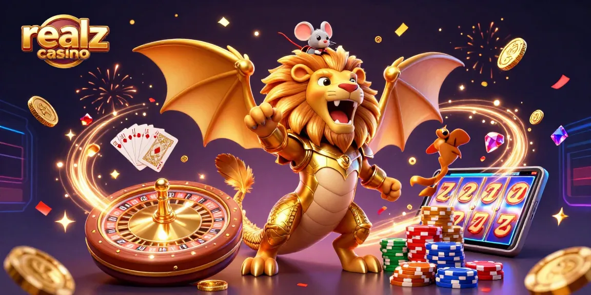 Experience the excitement of realz casino with a roaring chimera and vibrant gaming elements.