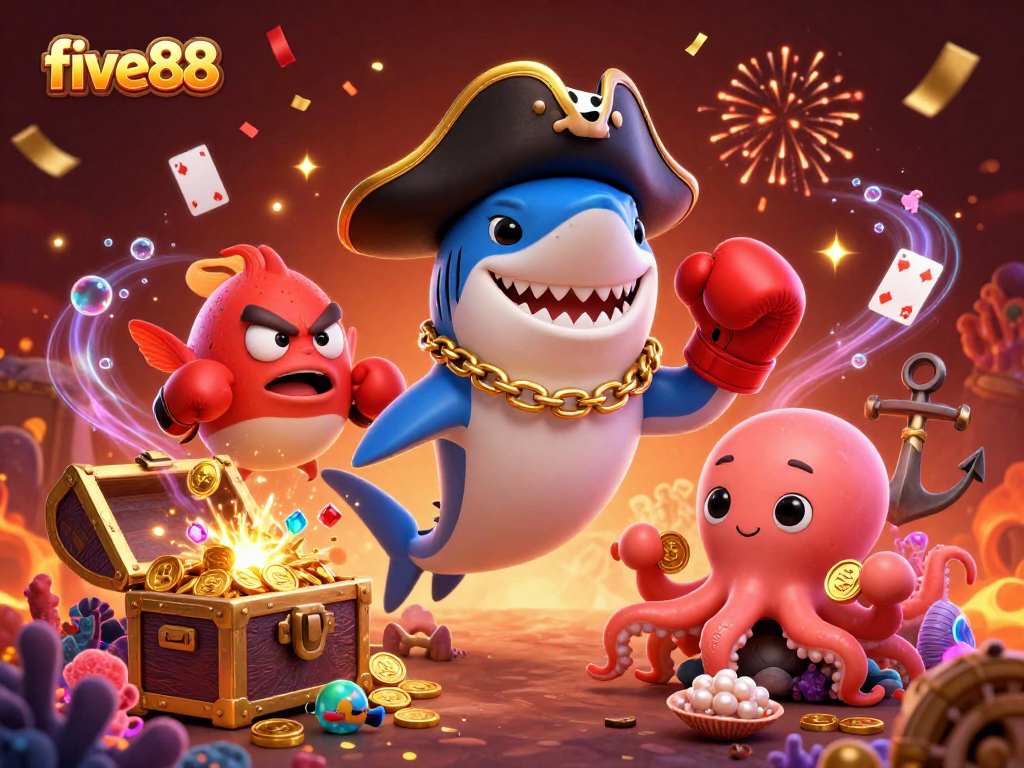 Experience winning moments at five88 with a pirate shark, pufferfish, and octopus in a lively casino scene.
