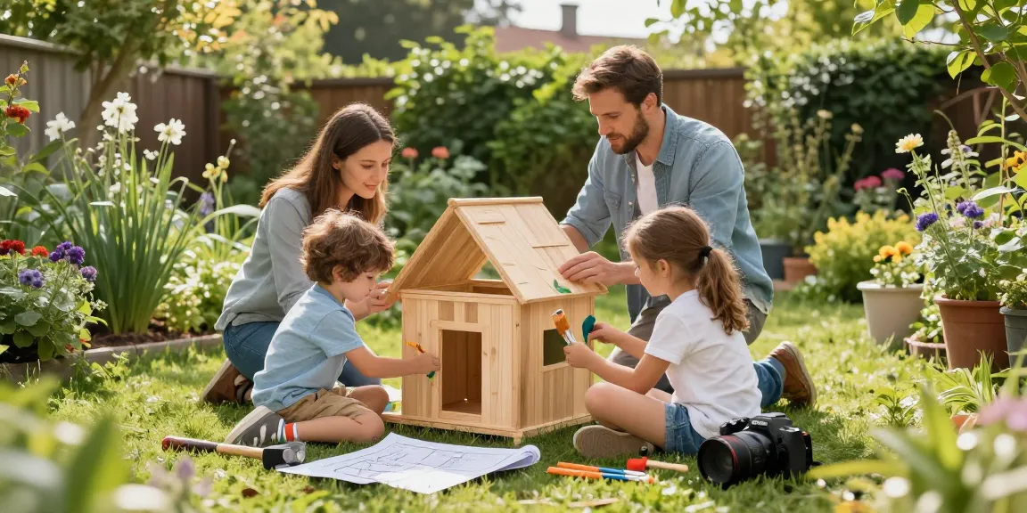 Gartenhaus kaufen: Familie baut zusammen ein neues Gartenhaus im sonnigen Garten.