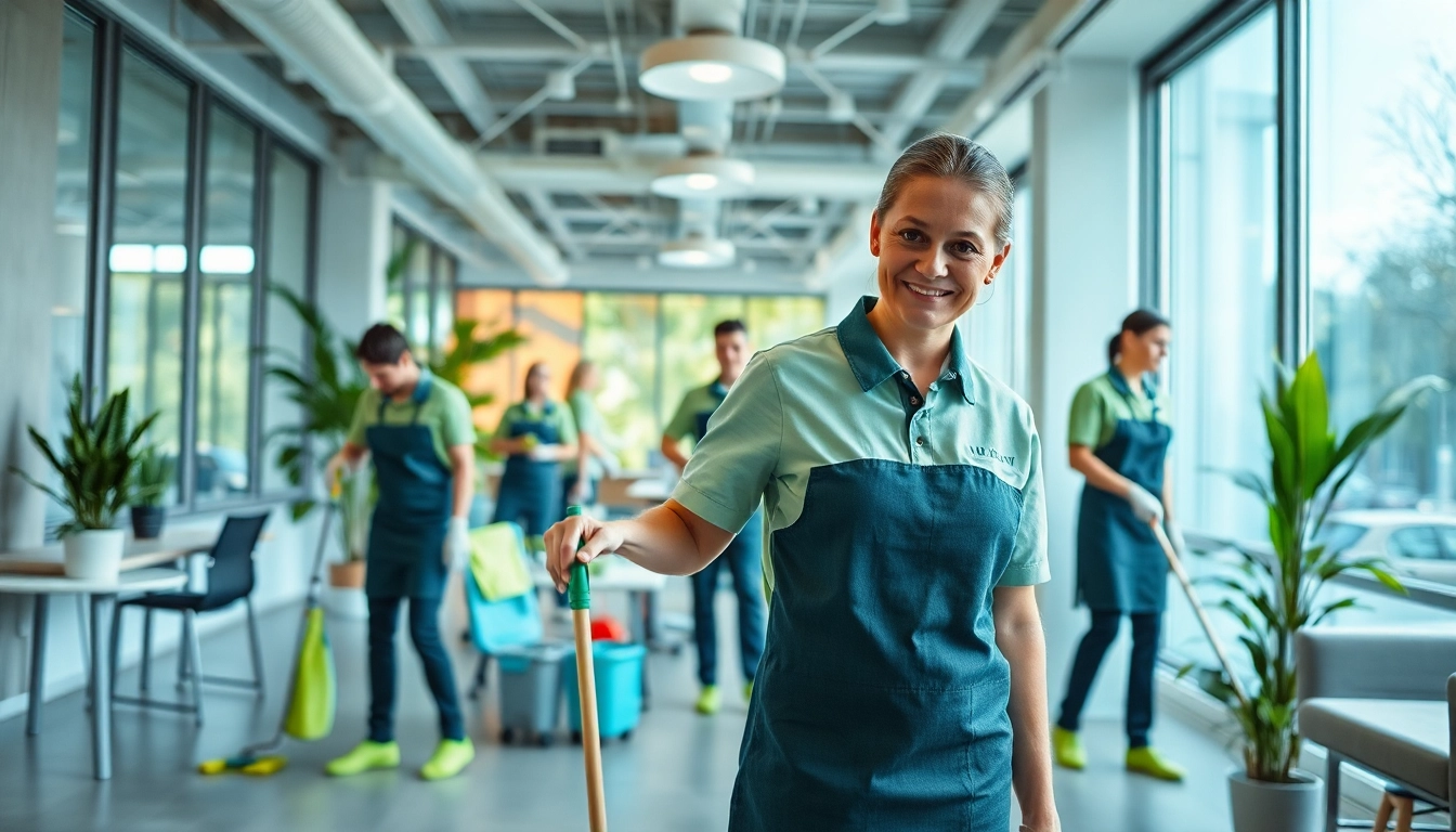 Büroreinigung Berlin: Professionelle Reinigungsteams in einem modernen Berlin Büro im Einsatz.