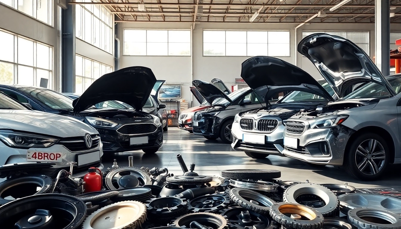 Motorschaden Ankauf in automotive shop with damaged vehicles on display.