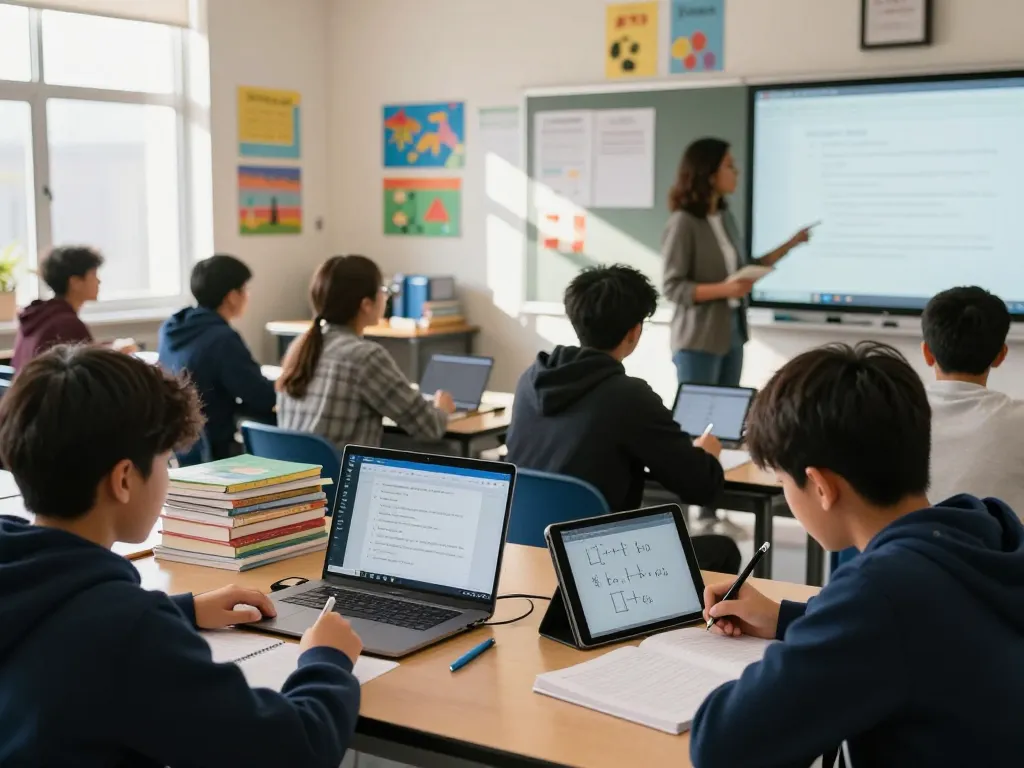 Schüler, die in einem hellen Klassenraum mit Hausaufgaben KI-Tools zusammenarbeiten.