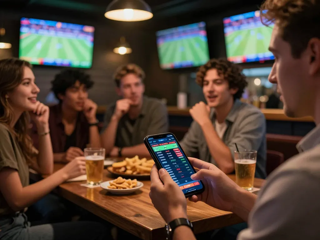 Engaged bettors discussing strategies and placing soi keo nha cai bets in a lively sports bar atmosphere