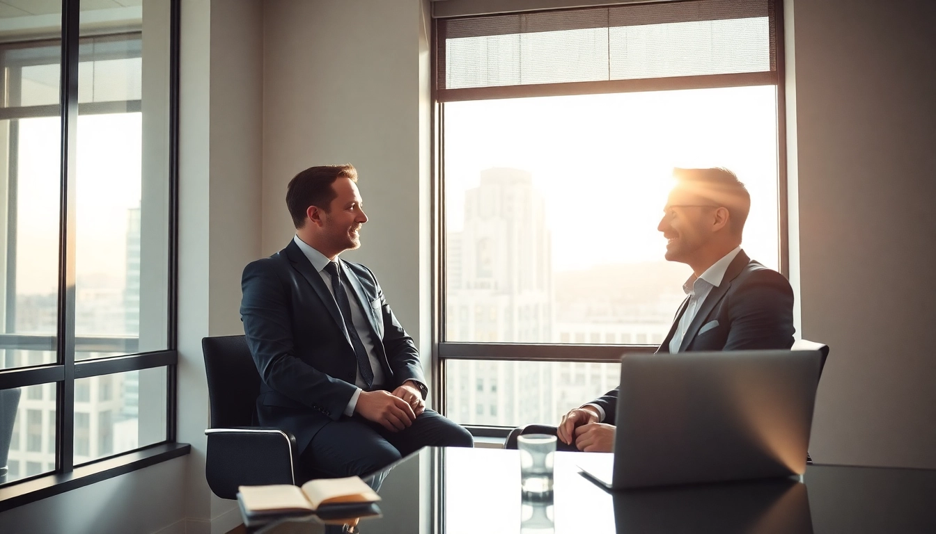 Headhunter im Gespräch mit einem Kandidaten in einem modernen Büro.
