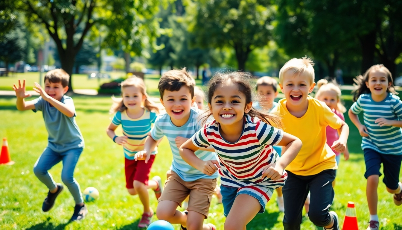 Details jetzt lesen, children joyfully engaging in movement games in a sunny park.
