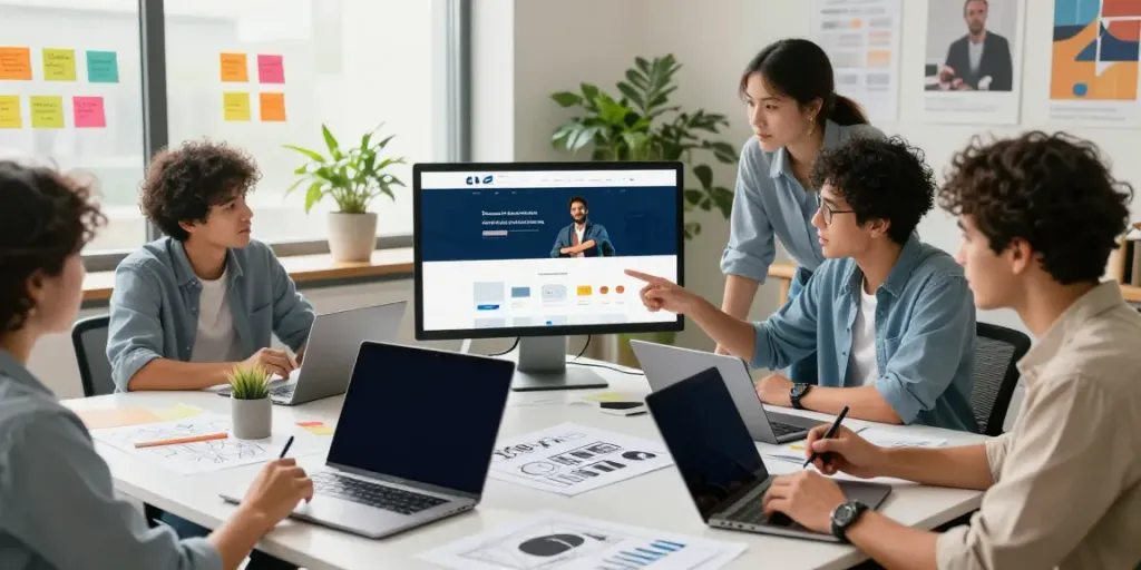 Webdesign Saarland - Kreatives Team arbeitet an neuen Website-Designs in modernem Büro.