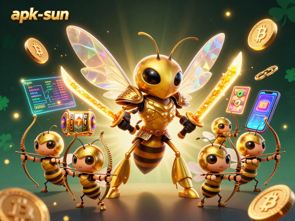 Engage with apk-sun in a vibrant casino scene featuring a golden hornet and crypto elements.