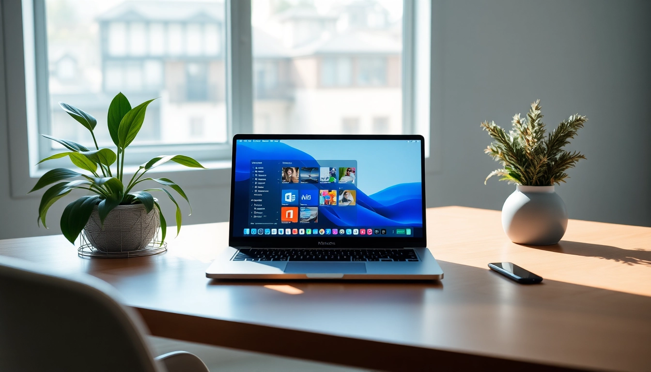 Visualisiere die Nutzung von Microsoft Office für M4 auf einem Mac, präsentiert in einem modernen, hellen Arbeitsbereich mit elegantem Design und inspirierender Atmosphäre.