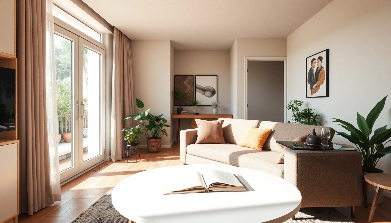 Moderne Raumgestaltung mit einer einladenden Sitzecke, harmonischen Farben und inspirierenden Pflanzen.