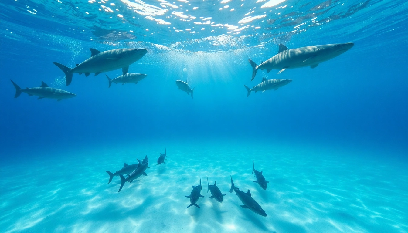 Tauchen Bullenhaie: Taucher beobachten majestätische Bullenhaie in einem klaren, blauen Wasser.
