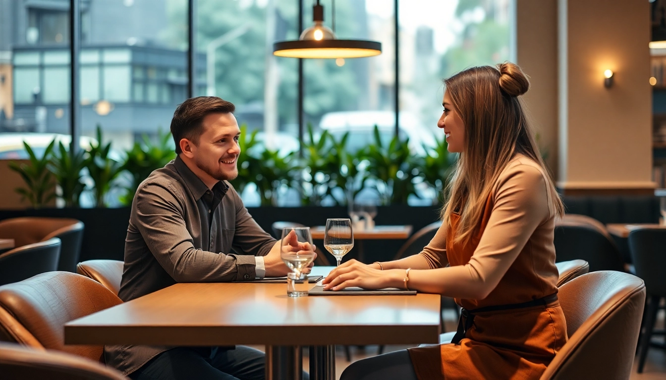 Headhunter Gastronomie berät charmante Kellnerin in stilvollem Restaurantinterieur.
