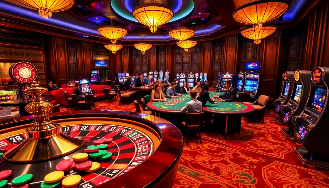 User engaging in a thrilling game at uu 88 casino, with poker tables and vibrant slot machines in a luxurious setting.