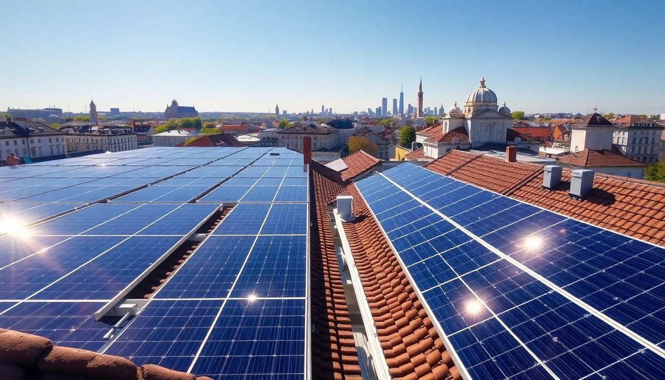 Installation von PV anlagen wien auf modernen Wohngebäuden in Wien unter strahlendem Sonnenschein.