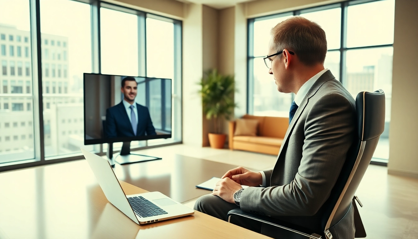 Interviewer headhunter Schweiz conducting a video interview in a well-lit office.
