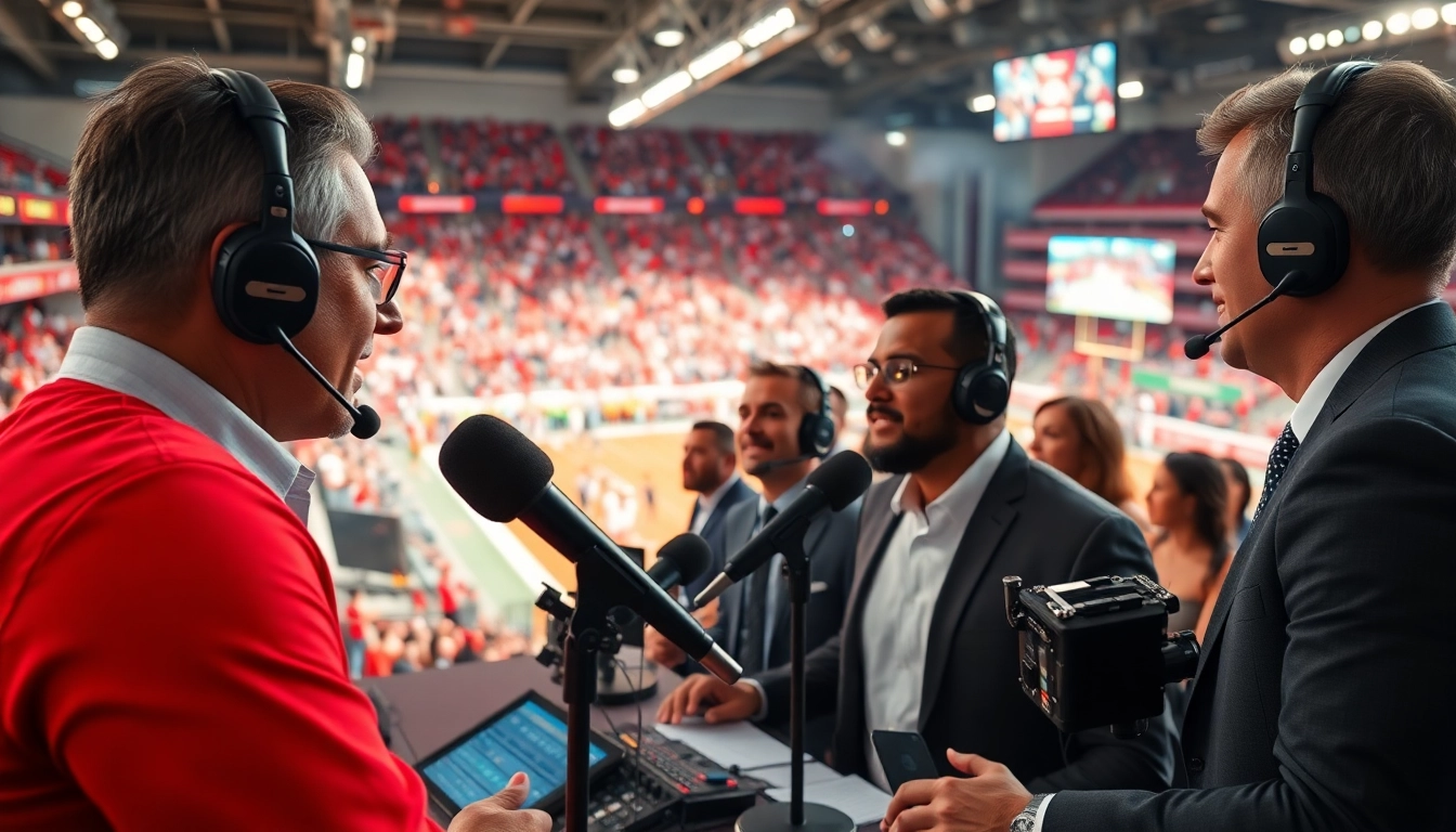 Engaging sports broadcasting scene with announcers discussing live sports action.