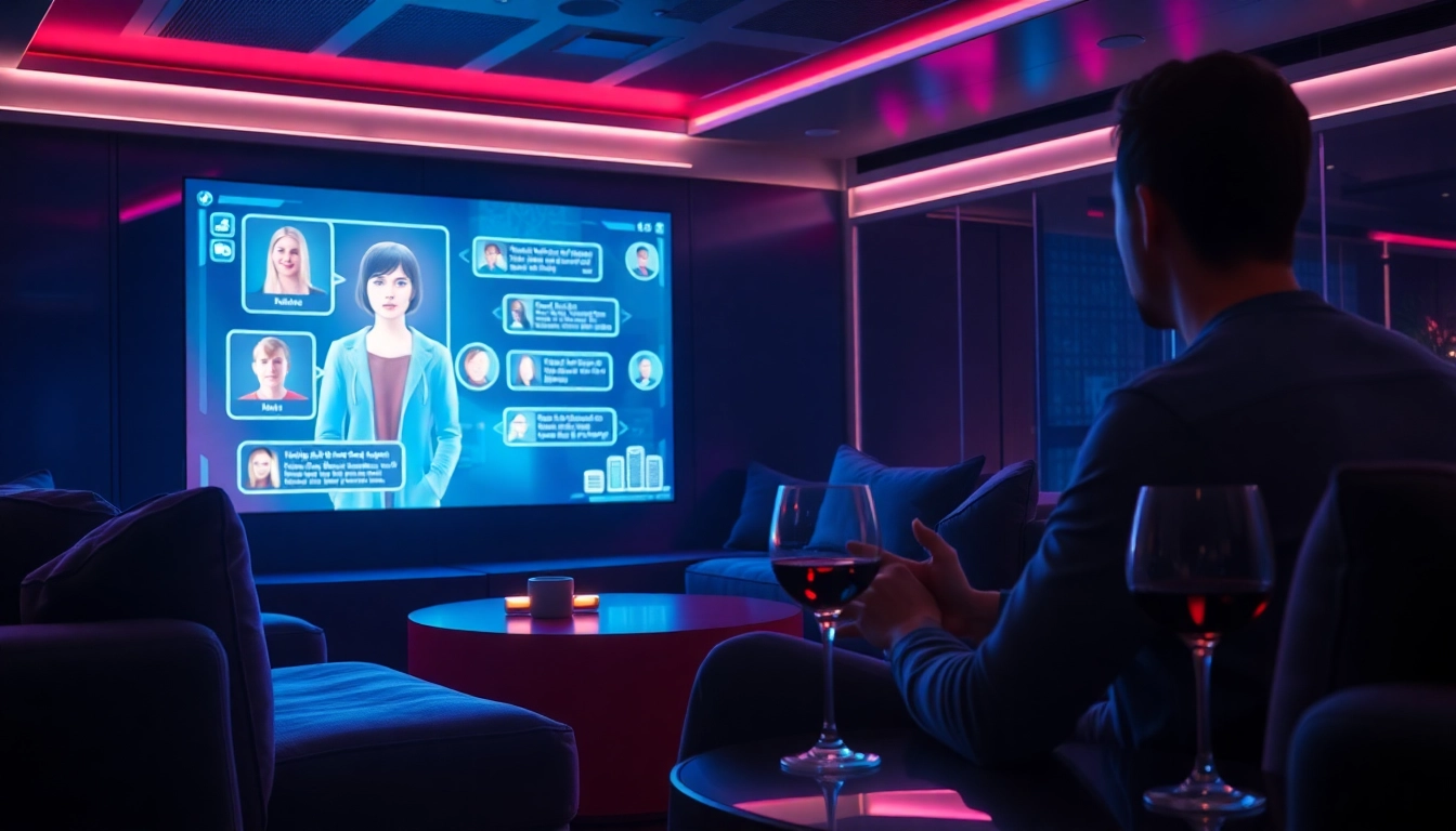 Engaging in an immersive ai chat nsfw experience in a modern digital lounge with a holographic AI character.