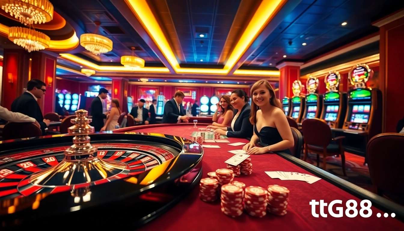 A thrilling casino scene showcasing roulette and poker gameplay as seen on tg88.sale for immersive gaming experiences.