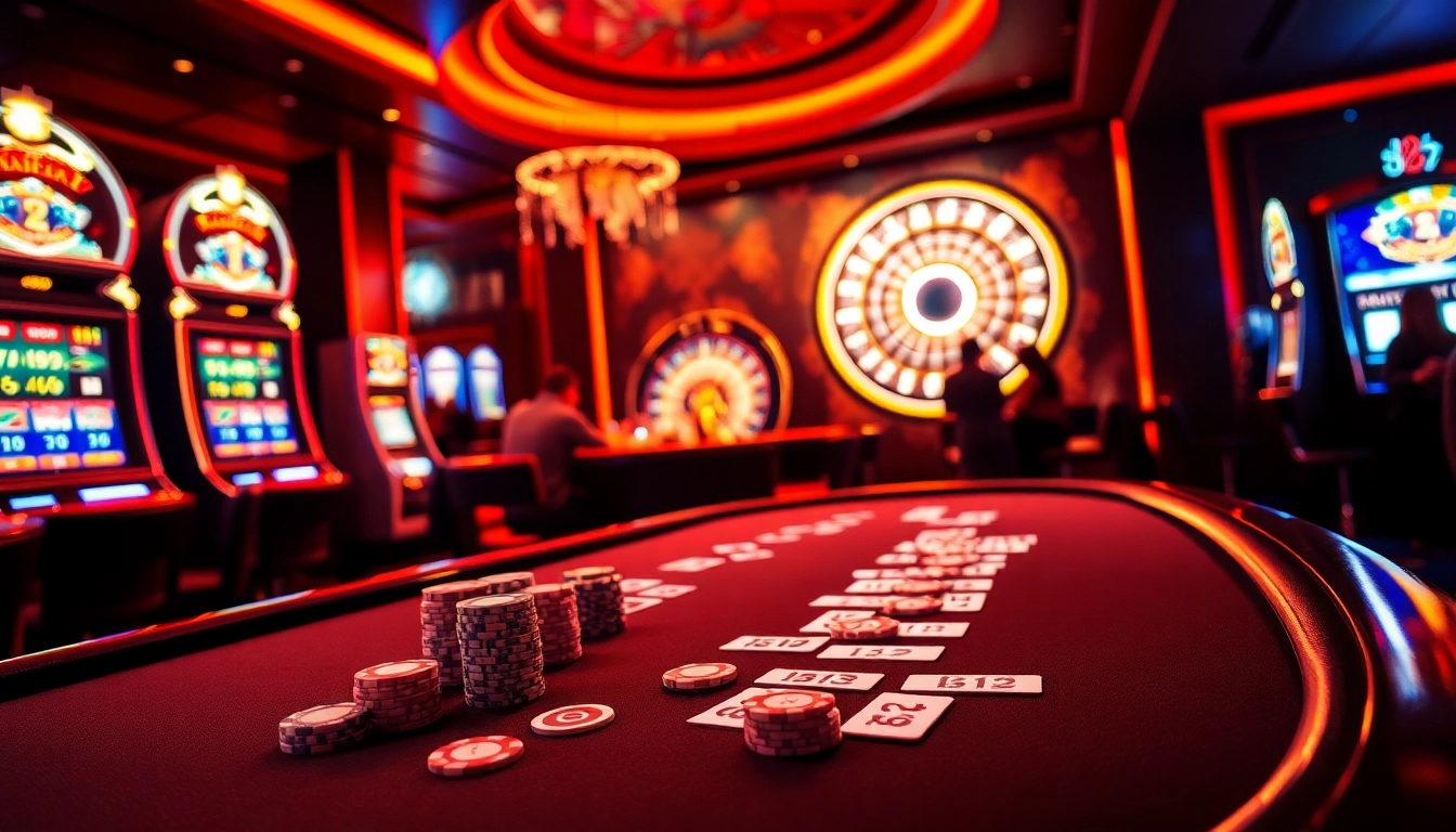 B52 club casino scene featuring poker tables and flashing slot machines.