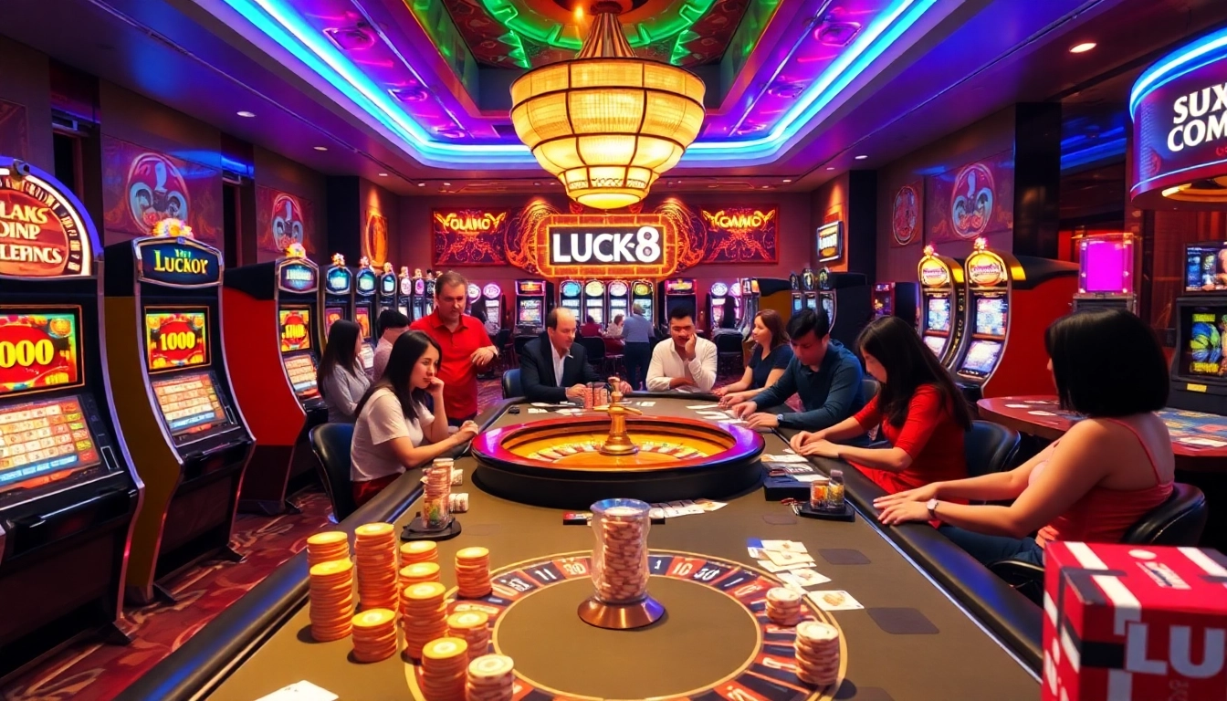Experience luxury gambling at LUCK8 COM with vibrant slot machines and excited players.