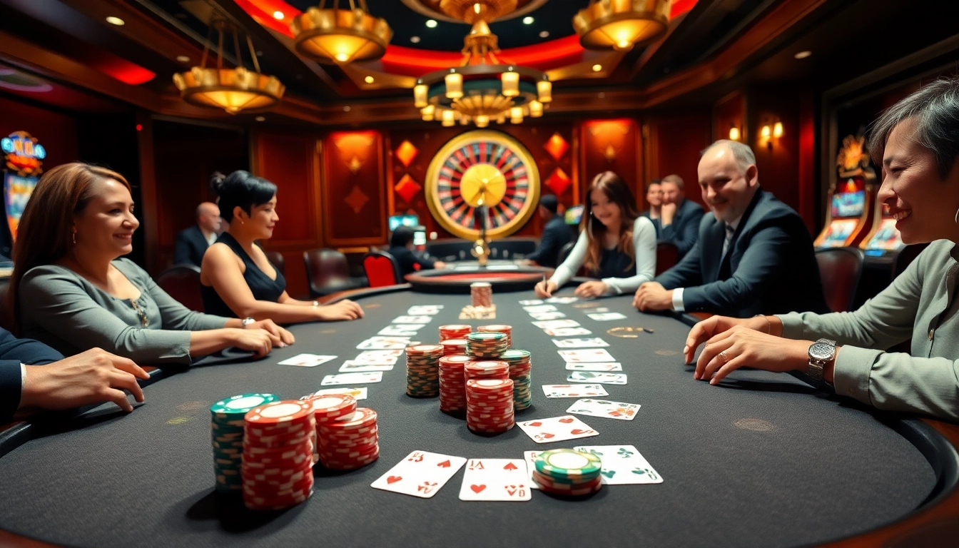 Engaged players enjoying a high-stakes poker game at https://x88ni.com/ with colorful chips and elegant decor.