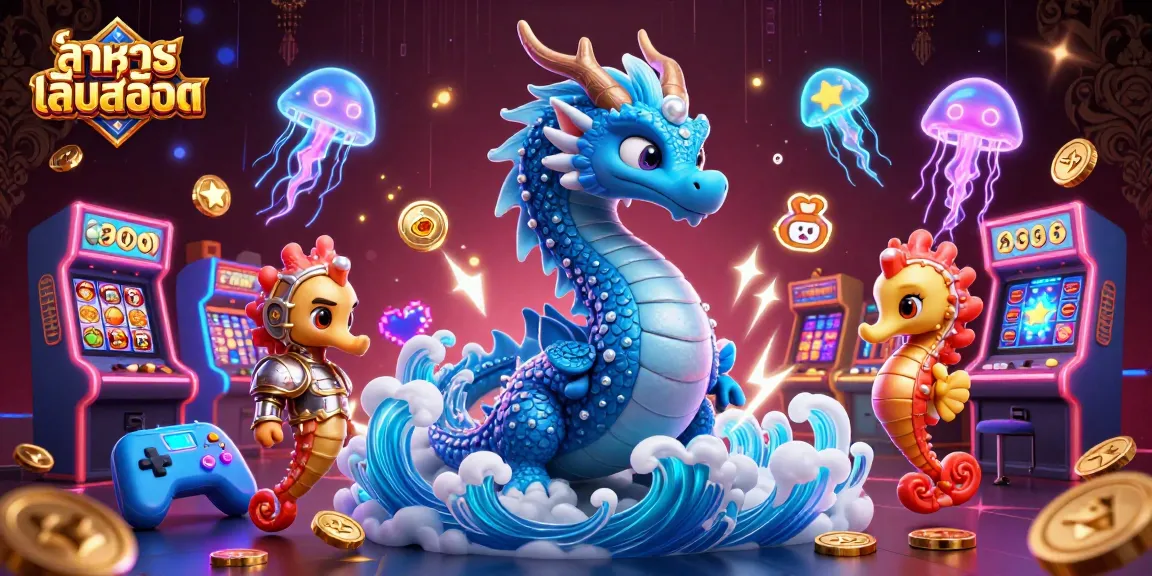Experience ทดลองเล่นสล็อต with a vibrant 3D illustration of a dragon, seahorse knight, and jellyfish amidst casino elements.