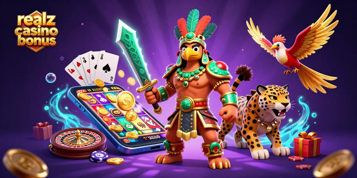 Realz Casino Bonus in einer lebendigen 3D-Illustration mit Aztekenkriegern und Casino-Elementen
