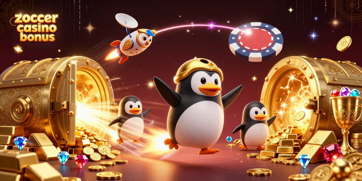 Erleben Sie den aufregenden zoccer casino bonus mit einem goldenen Pinguin, der im All fliegt.