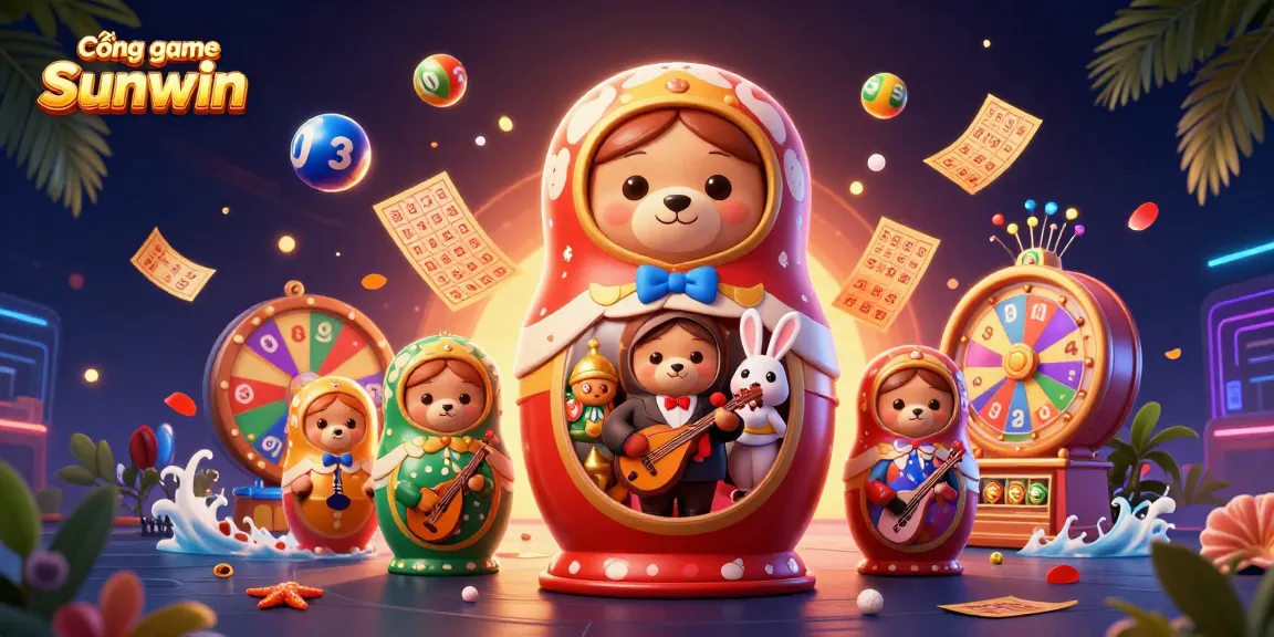 Cổng game Sunwin showcases a vibrant 3D scene of playful bears and dynamic lottery elements, perfect for gaming excitement.