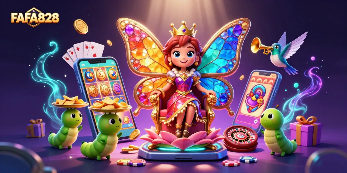 Experience FAFA828 with a vibrant butterfly queen and thrilling slot elements highlighting the excitement of online gaming.