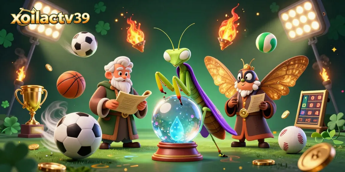 The xoilactv39 casino scene showcases a cartoon mantis fortune teller, moth librarian, and floating oracles amid dynamic sports-themed elements.